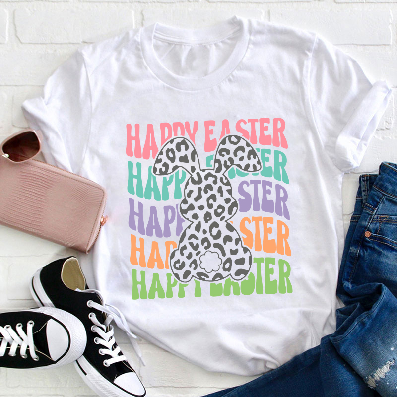 Happy Easter Leopard Bunny Teacher T-Shirt