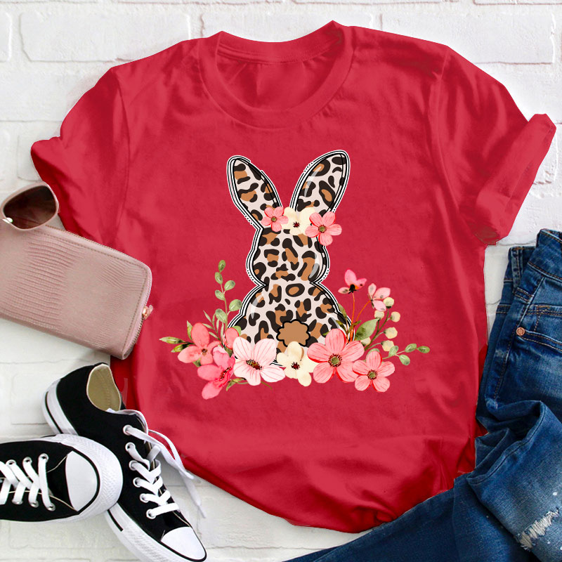 Leopard Floral Bunny Teacher T-Shirt