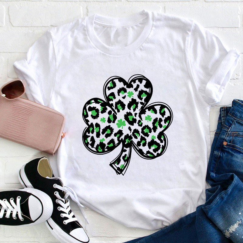 Green Leopard Clover Teacher T-Shirt