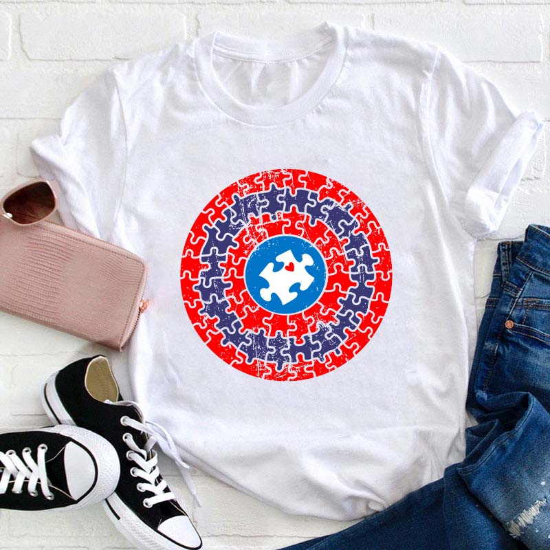 Superhero Shield Autism Puzzle Teacher T-Shirt