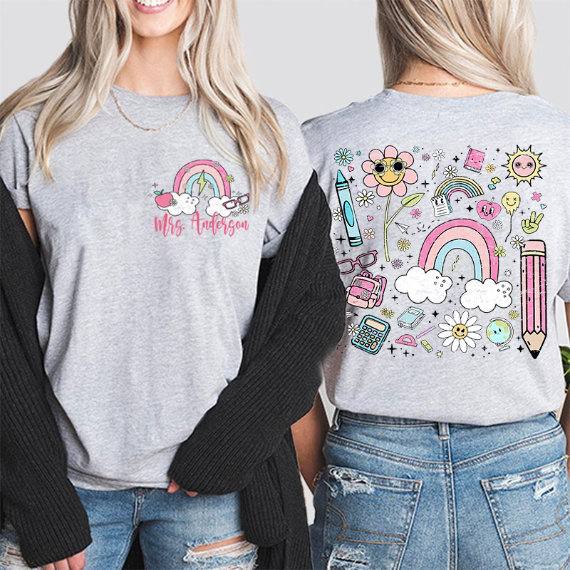 Personalized Pink Rainbow Cute Icon Teacher Two Sided T-Shirt