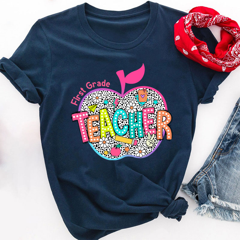Personalized Neon Leopard Apple Grade Teacher T-Shirt