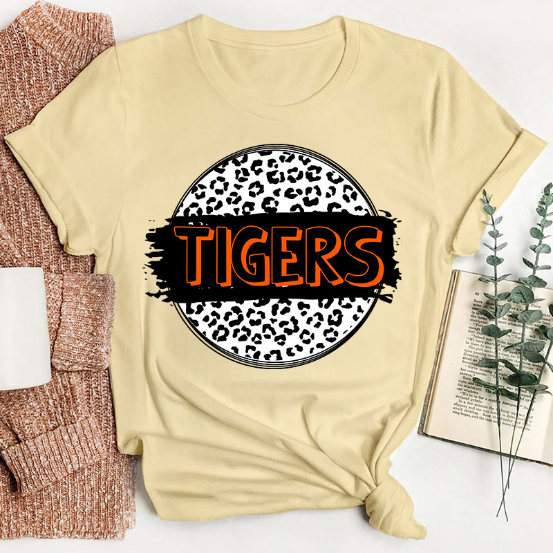 Personalized  Mascot Round Leopard Print Teacher T-Shirt