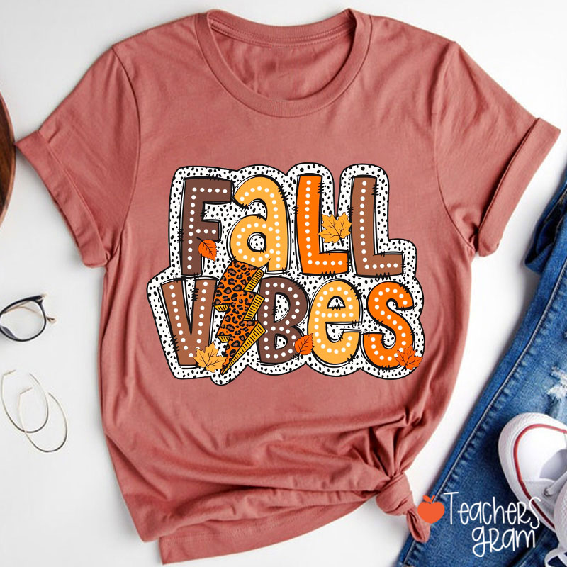 Fall Vibes Leopard Lightning Teacher T-Shirt