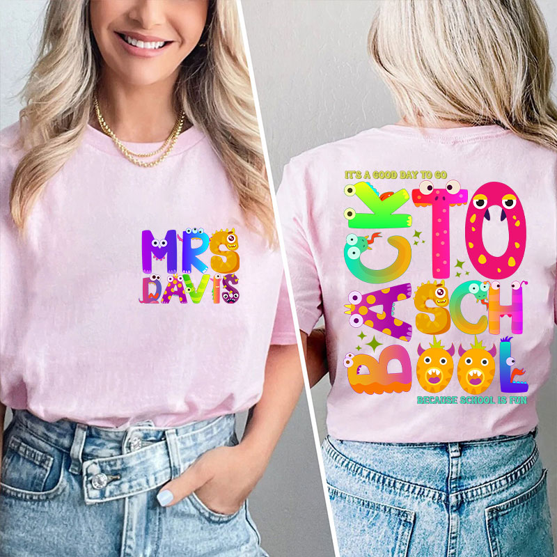 Personalized Name Cute Animal Alphabet Teacher Two Sided T-Shirt
