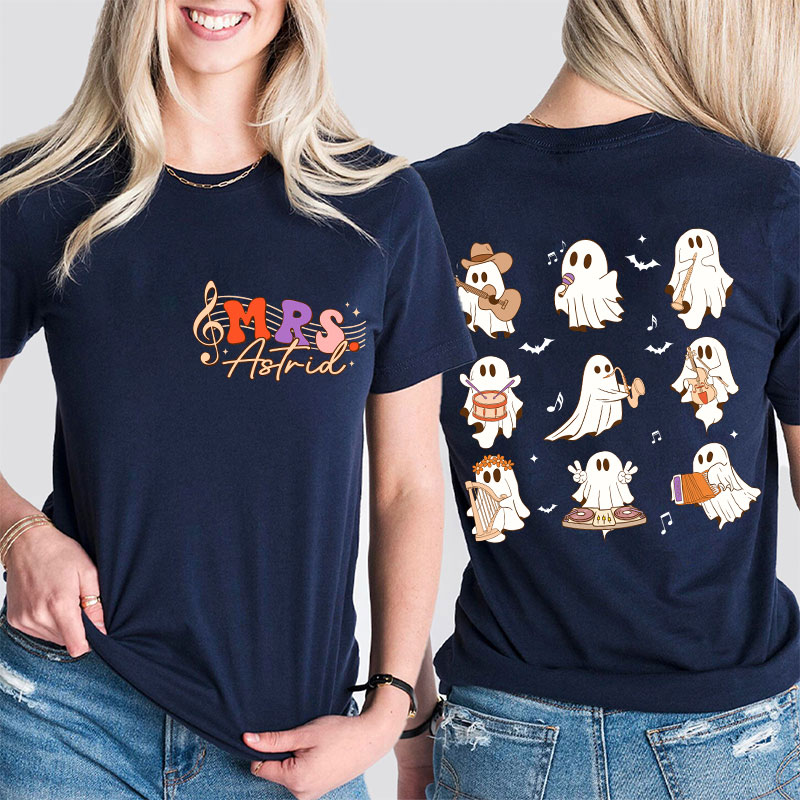 Personalized Name Ghost Music Teacher Two Sided T-Shirt