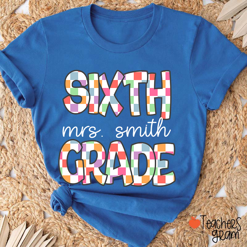 Personalized Name And Grade Checkered Fonts Teacher T-Shirt