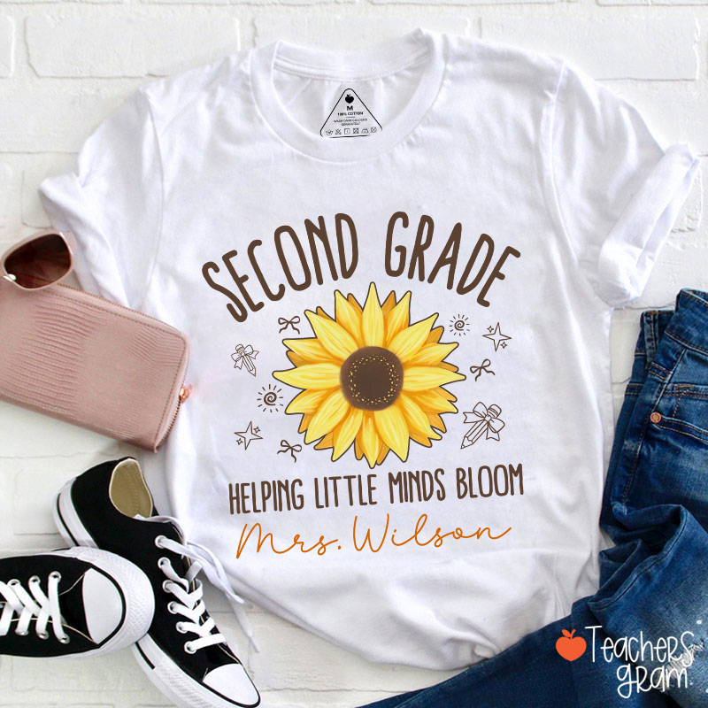 Personalized Grade And Name Helping Little Minds Bloom Teacher T-Shirt