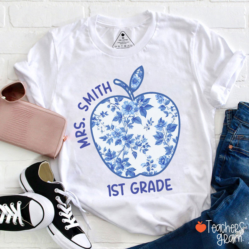 Personalized Grade And Name Blue And White Porcelain Apple Teacher T-Shirt