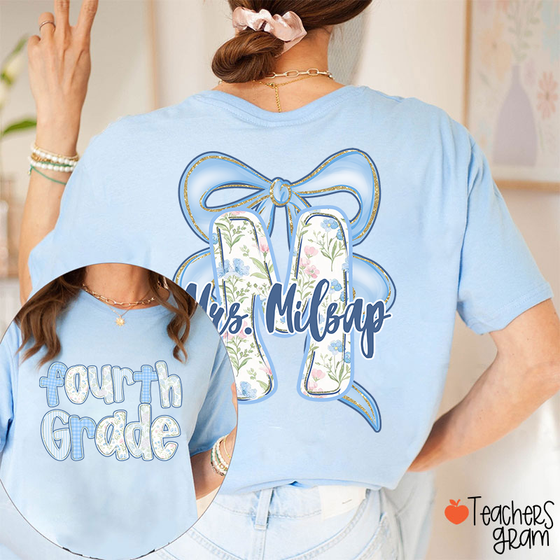Personalized Grade And Name Initials Blue Bow Teacher Two Sided T-Shirt