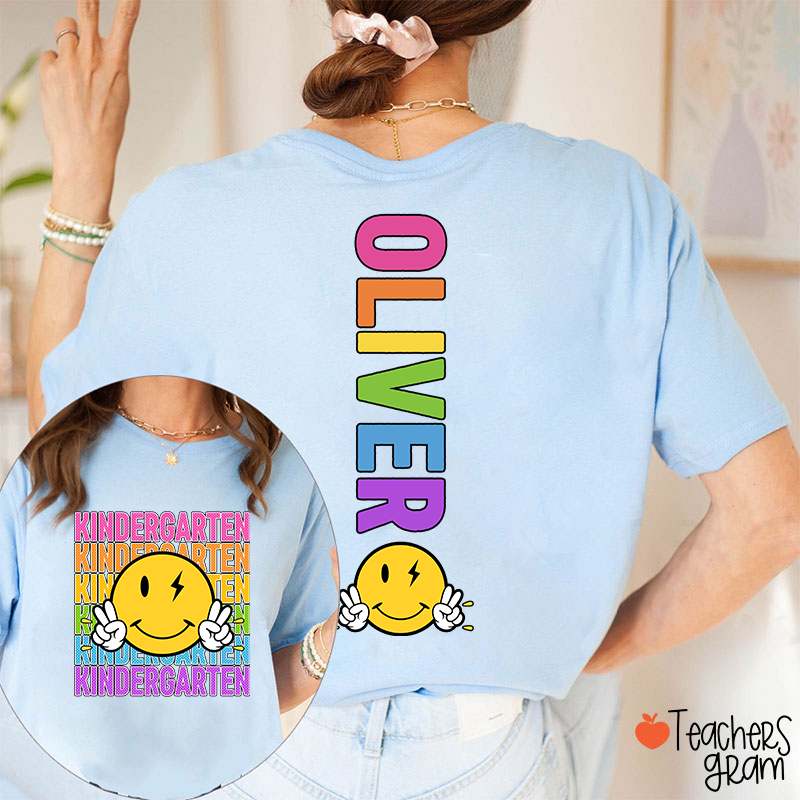 Personalized Grade And Name Smiley Face Teacher Two Sided T-Shirt