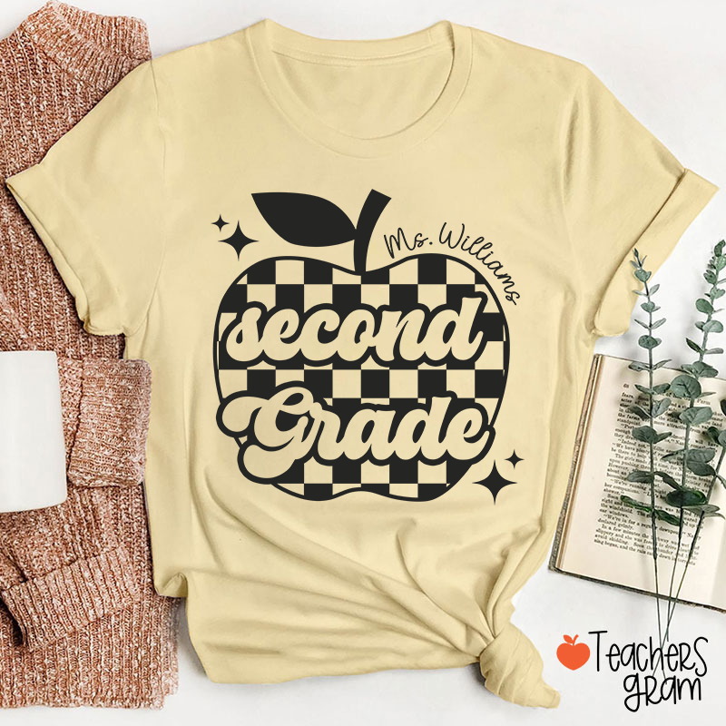 Personalized Black And White Checkerboard Apple And Name Teacher T-Shirt