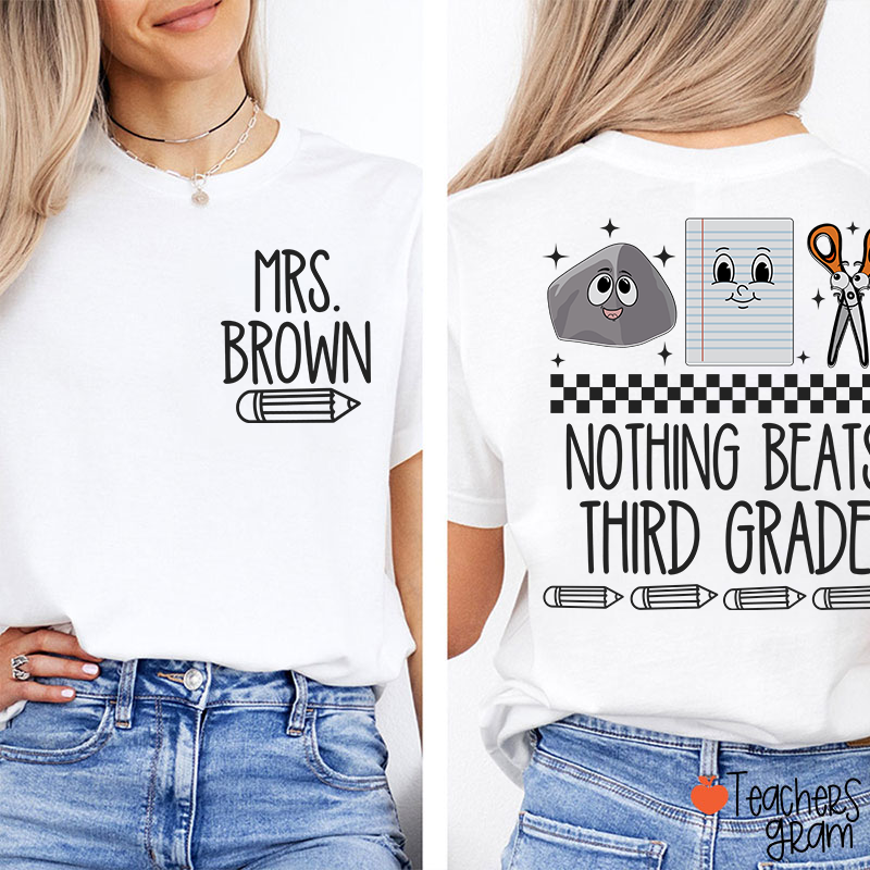 Personalized Grade Name Pencil Rock Checkerboard Notebook Scissors Teacher Two Sided T-Shirt