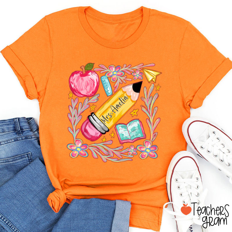 Flowers Pencil Apple Book Star Teacher T-Shirt