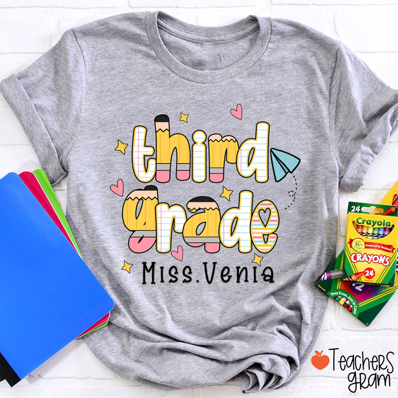 Personalized Name Grade Pencil Notebook Heart Star Paper Plane Teacher T-Shirt