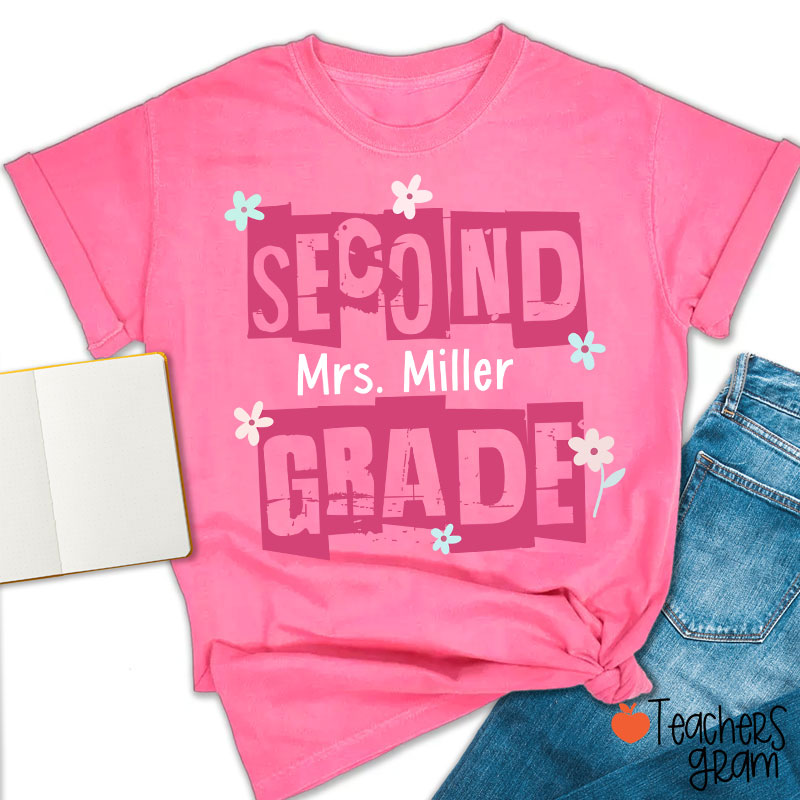 Personalized Grade Name Hollow Monochrome Flowers Teacher T-Shirt