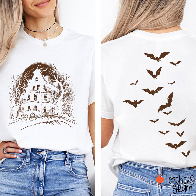 Vintage Haunted House Spooky Season Teacher Two Sided T-Shirt