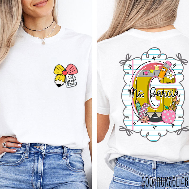 Personalized Grade And Name Pencil Bow Initials Teacher Two Sided T-Shirt