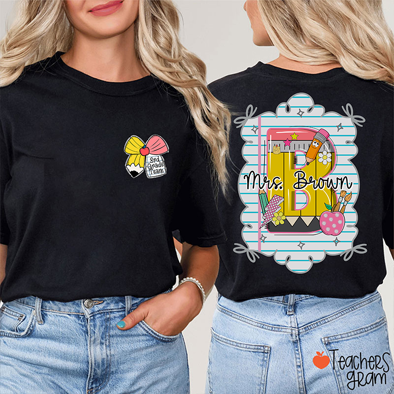 Personalized Grade And Name Pencil Bow Initials Teacher Two Sided T-Shirt