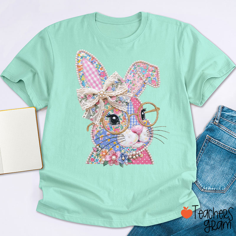 Faux Patchwork Bunny Teacher T-Shirt