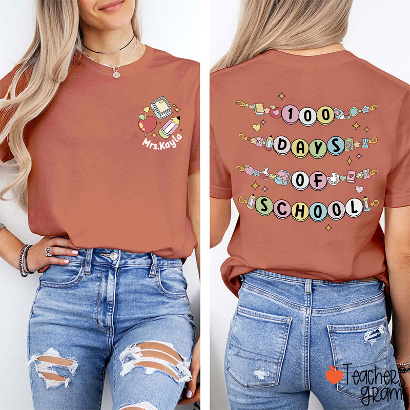 Personalized Name Happy 100 Days Of School Beaded Teacher Two Sided T-Shirt