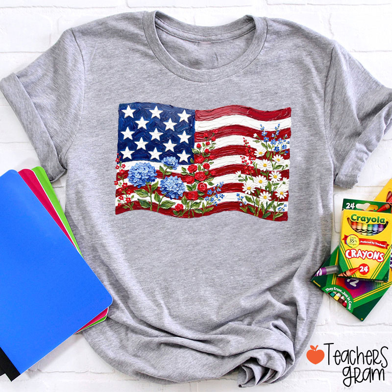 Floral American Flag Teacher T-Shirt