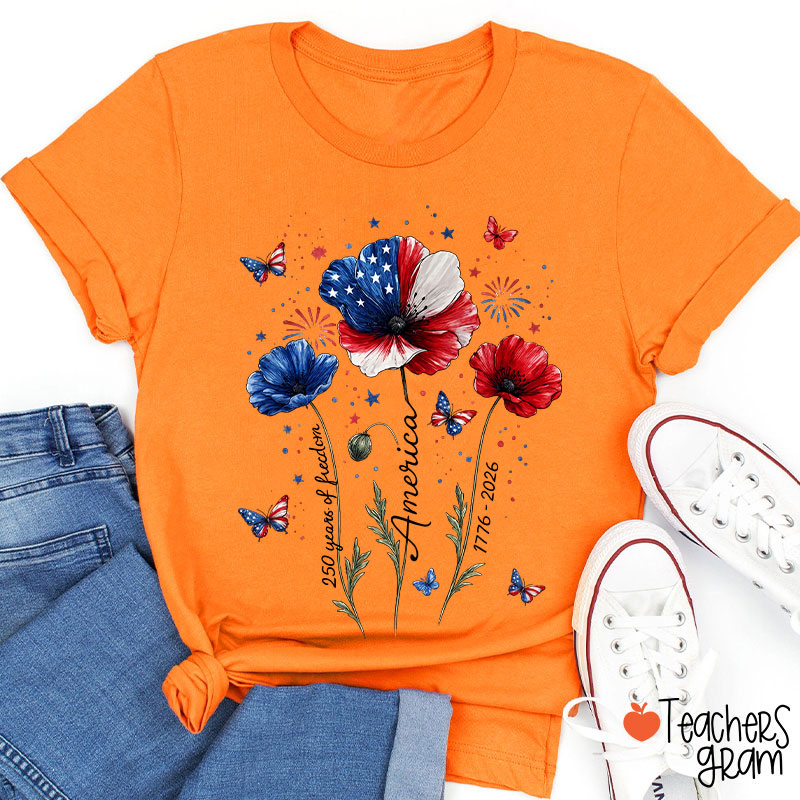4th Of July 250 Years Of Freedom Floral Teacher T-Shirt
