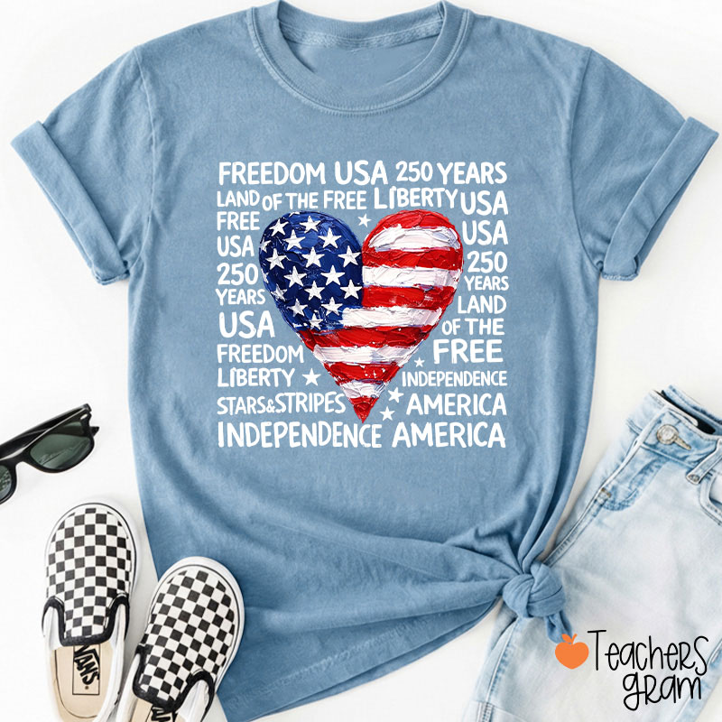 Heart Shaped American Flag Teacher T-Shirt