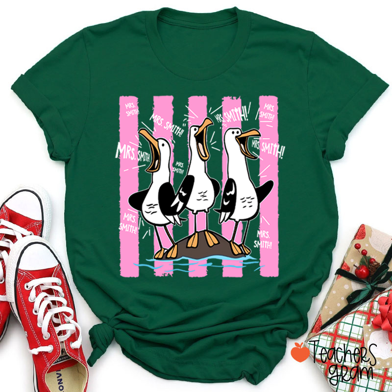 Personalized Pink Stripes Seagull Meme Teacher T-Shirt