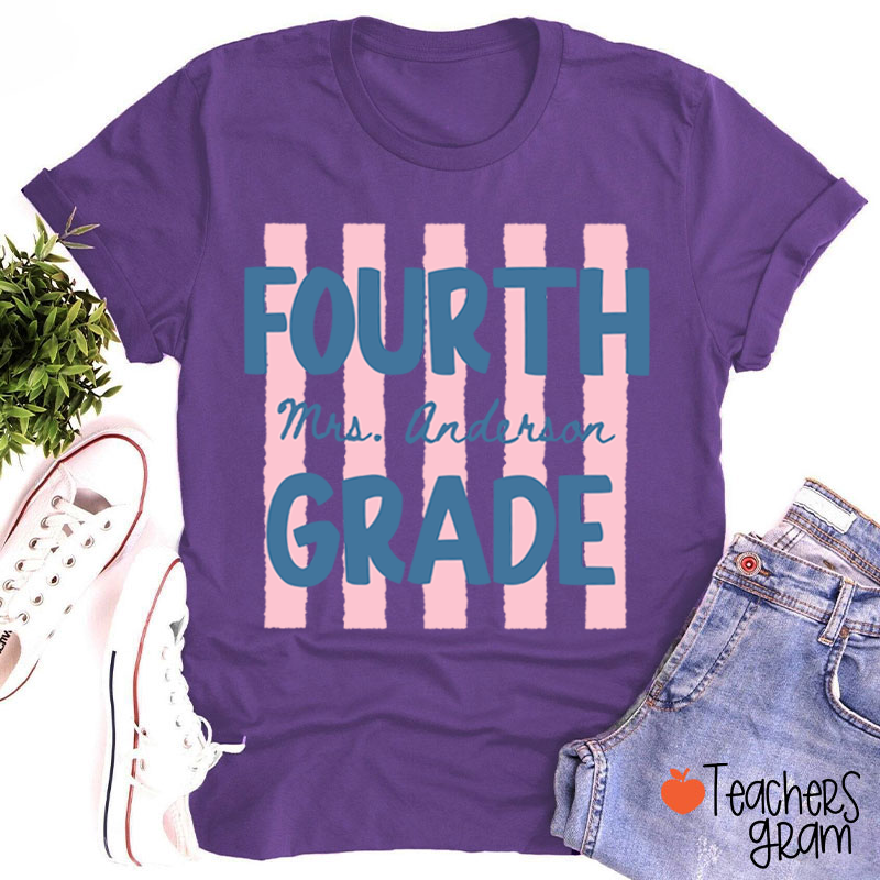 Personalized Name And Grade Preppy Stripes Teacher T-Shirt
