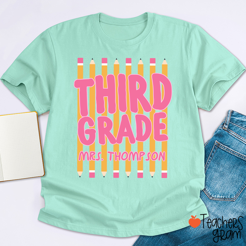 Personalized Name And Grade Pencil Stripes Teacher T-Shirt