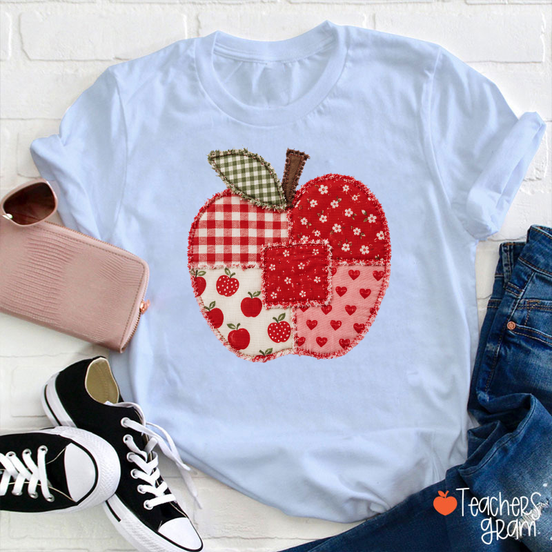 Vintage Patchwork Apple Gingham Floral Heart Teacher Graphic Teacher T-Shirt