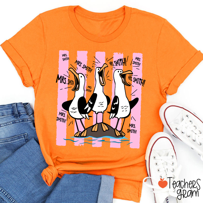 Personalized Pink Stripes Seagull Meme Teacher T-Shirt