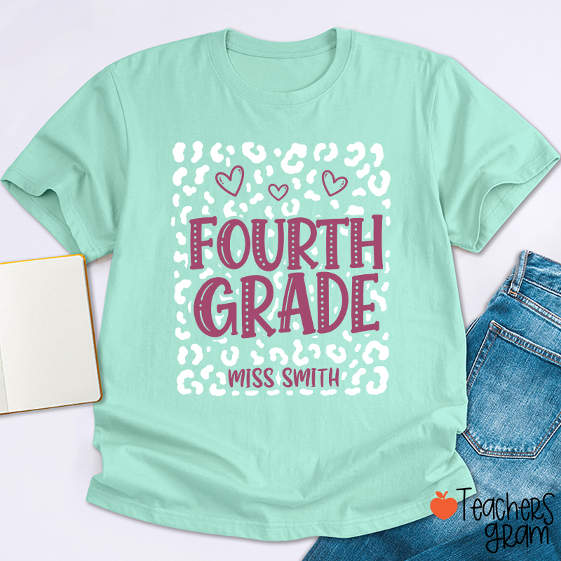 Personalized Name And Grade Leopard Heart Teacher T-Shirt