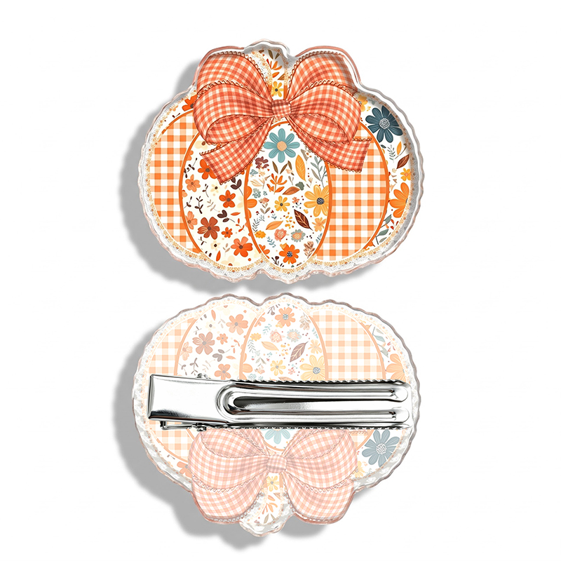 Faux Lace Pumpkin Bow Teacher Acrylic Duckbill Hair Clips