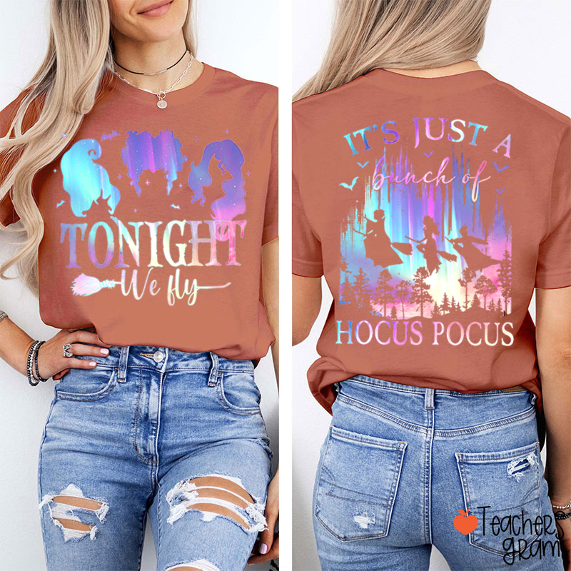 Tonight We Fly Witch Silhouette Broom Bat Teacher Two Sided T‑Shirt