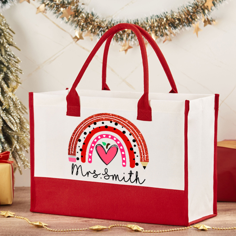 Personalized Rainbow Pencil Heart Shaped Apple Teacher Cotton Tote Bag