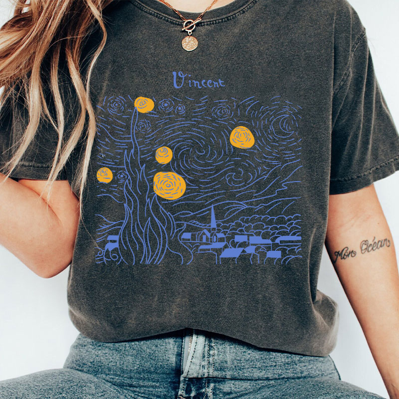 Vincent The Starry Night Teacher Washed T-Shirt