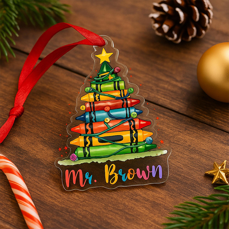 Personalized Name Crayon Christmas Tree Teacher Ceramic Christmas Ornament