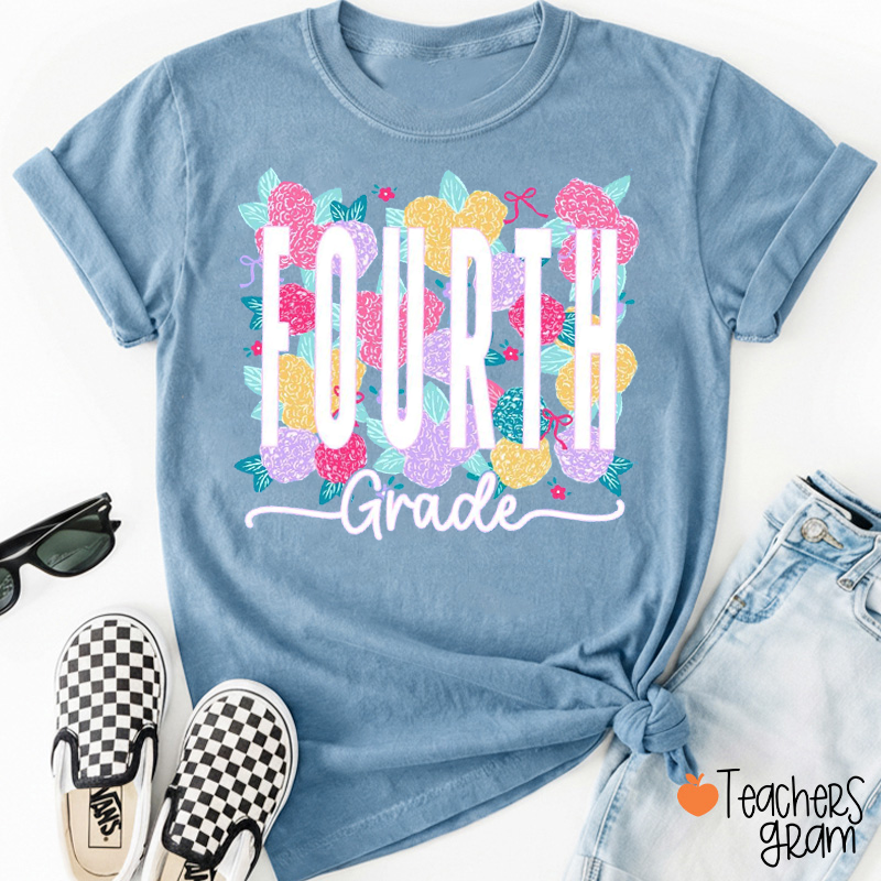 Personalized Grade Colorful Flower Bow Teacher T-Shirt