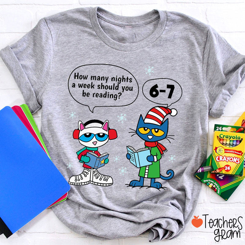 Funny Six Seven Meme Reading Blue Cat Teacher T-Shirt