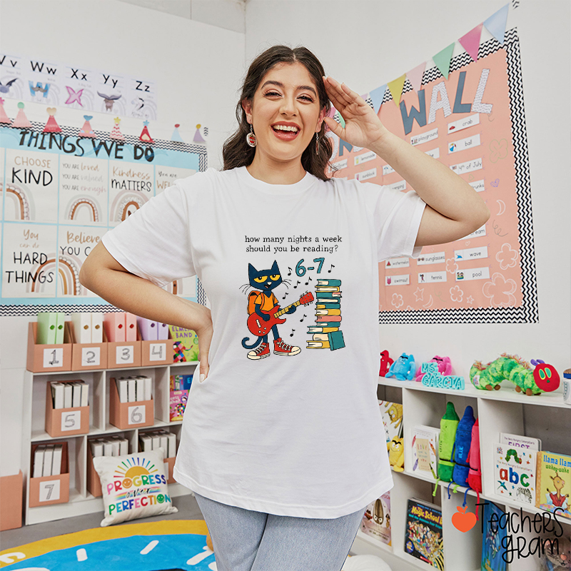 Funny Meme Blue Cat Reading Six Seven Teacher T-Shirt