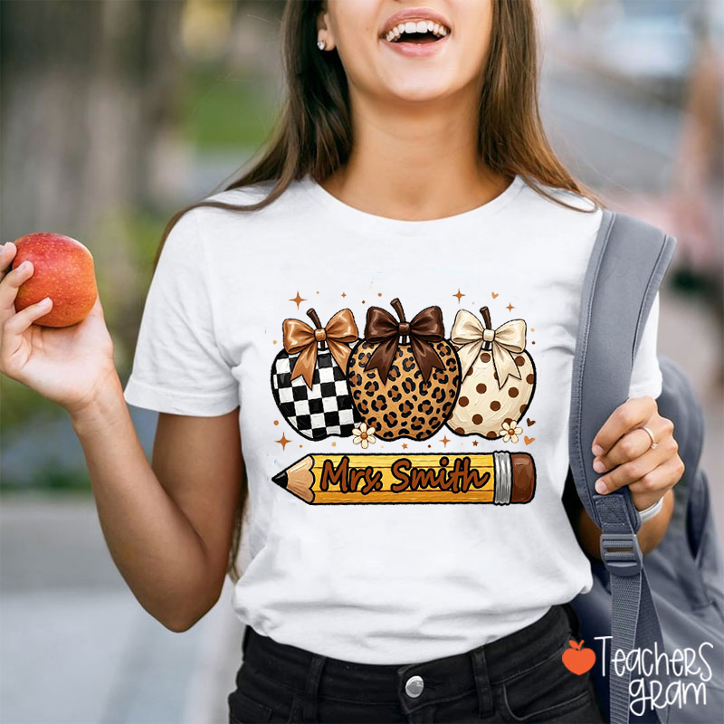 Personalized Leopard Apple Name Teacher T-Shirt
