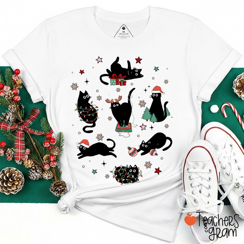 Christmas Black Cat Teacher T-Shirt