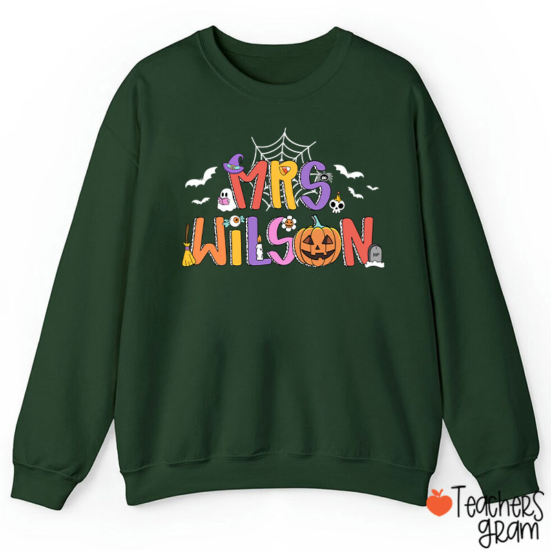 Personalized Name Spider Web Ghost Pumpkin Teacher Sweatshirt