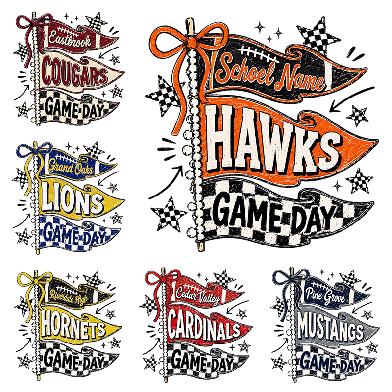 Personalized Mascot School Name Sport Checkered Pennant Bow Game Day Teacher T-Shirt