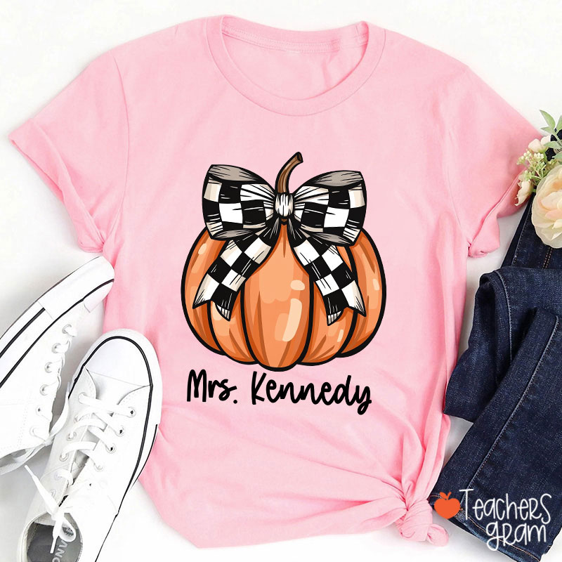 Personalized Name Pumpkin Bow Teacher T-Shirt
