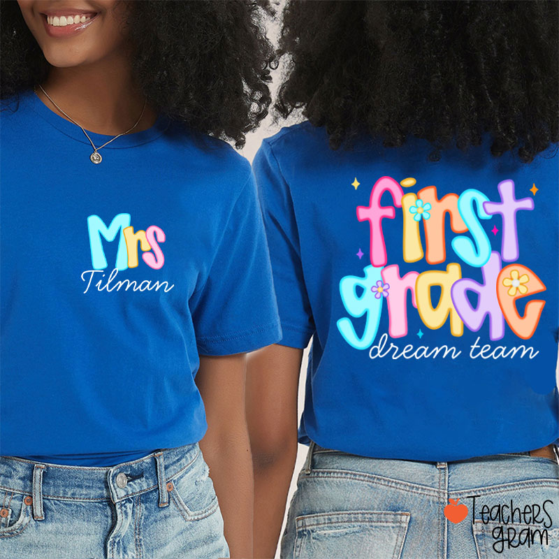 Personalized Grade And Name Candy Color Fonts Teacher Two Sided T-Shirt