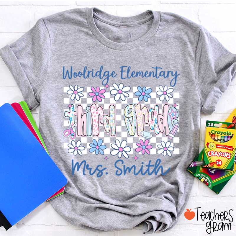 Personalized Name Grade And School Name Checkered Flowers Teacher T-Shirt