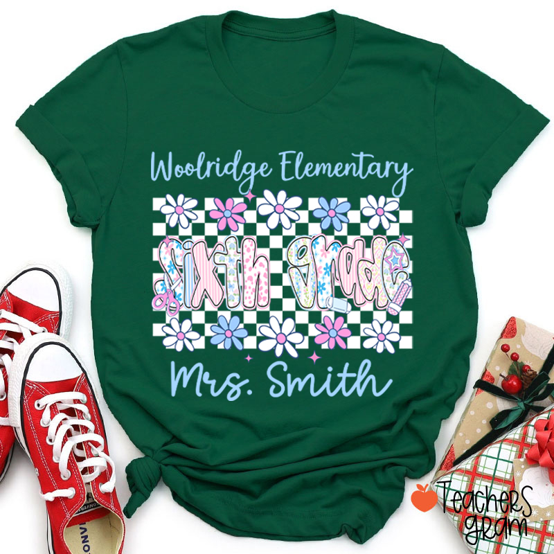 Personalized Name Grade And School Name Checkered Flowers Teacher T-Shirt